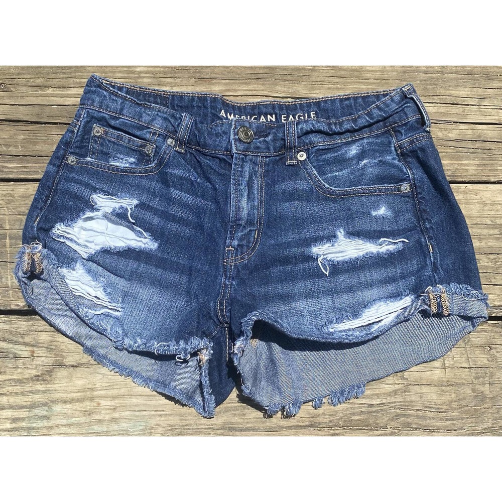American Eagle Womens Blue Jean Shorts Size 4 100% Cotton Distressed Jean Shorts